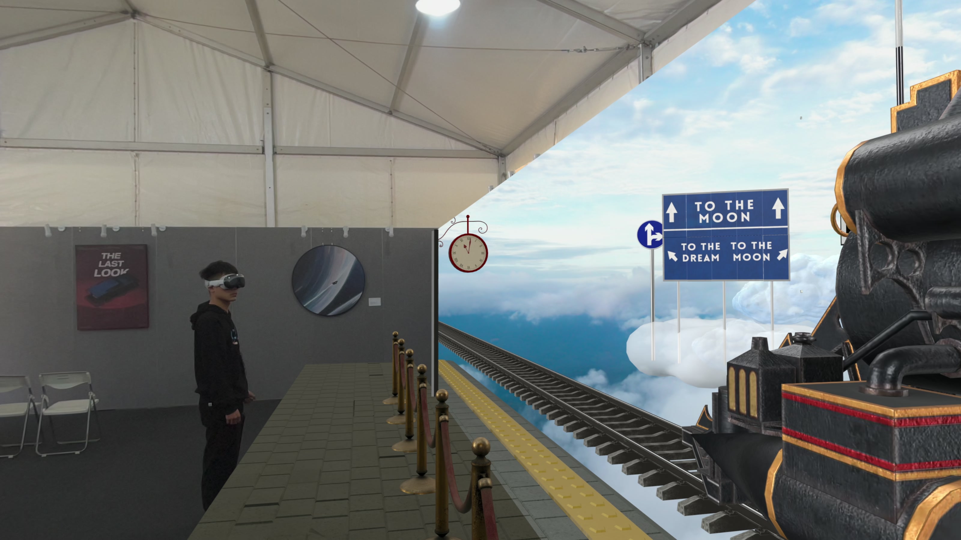 Seen through a headset inside the exhibition tent, with the mixed-reality scene beginning at a hard edge